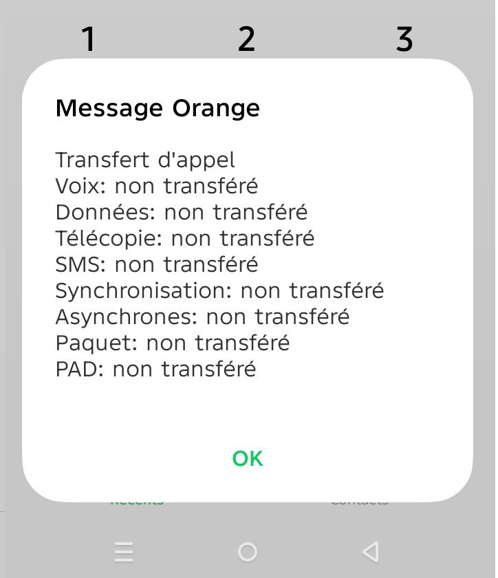 Message IHM pour téléphone sans transfert d'appel